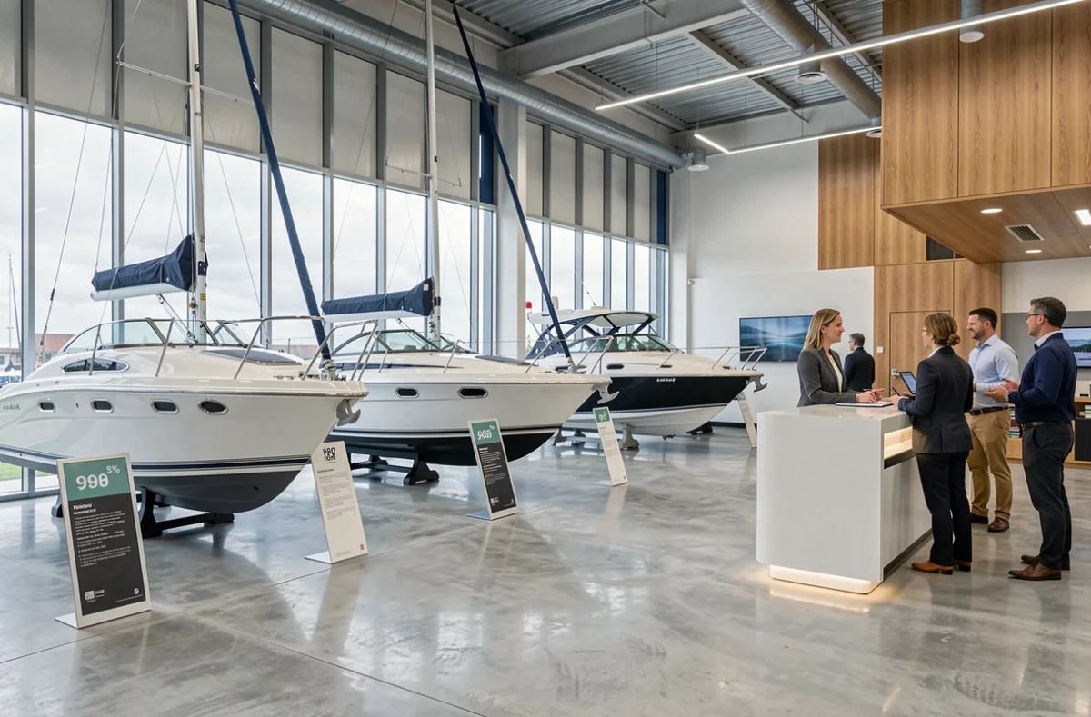 Showroom de vente de bateaux avec une commerciale conseillant des clients potentiels dans un espace professionnel moderne