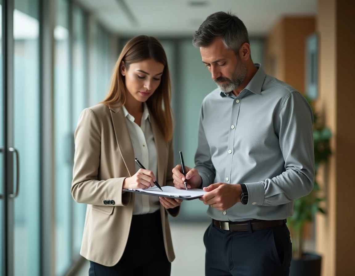 Un employé signe un accusé de réception de lettre de démission remise à une responsable RH dans un couloir de bureau