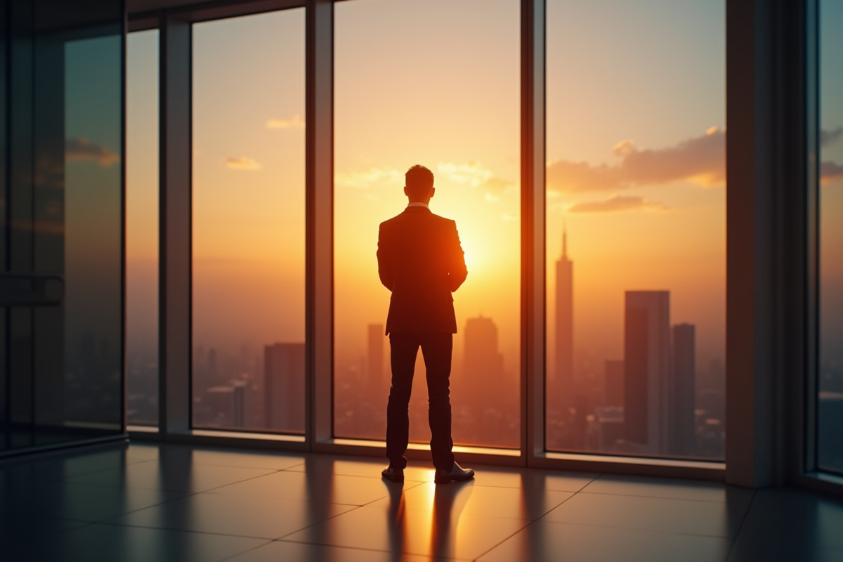 Personne confiante silhouette face aux gratte-ciel au coucher du soleil