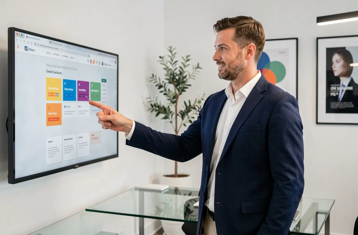 Directeur créatif de l'agence Smartega présentant une maquette de site web sur écran interactif