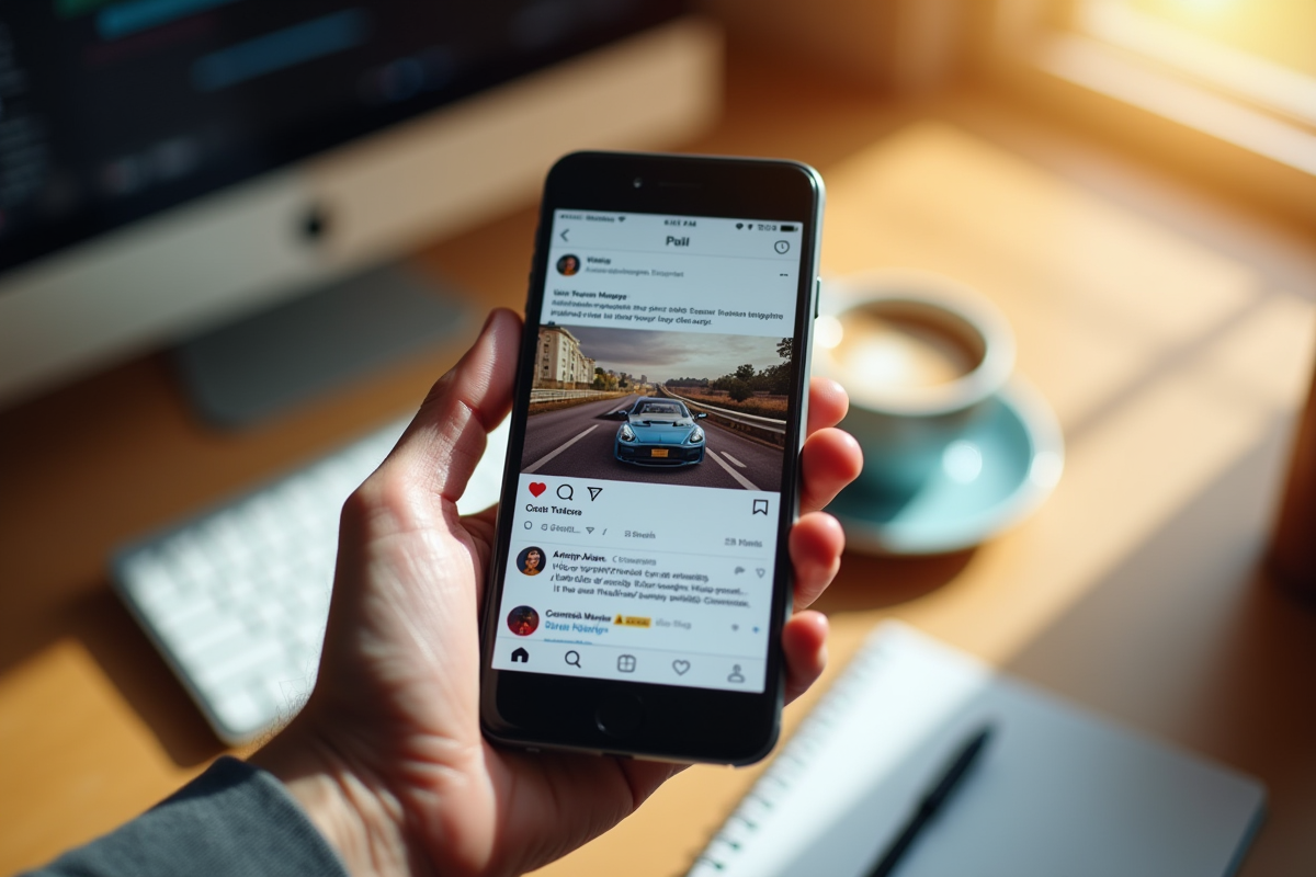 Smartphone montrant un flux social media avec likes et commentaires