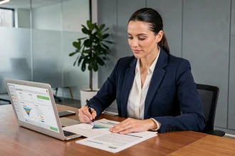 Professionnelle B2B analysant une stratégie de contenu et un funnel marketing sur son bureau en open space