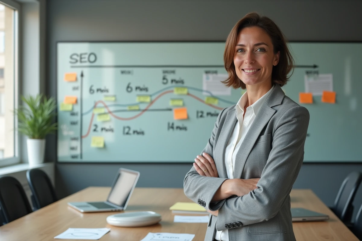 Stratège SEO féminine présentant une feuille de route sur 6 à 12 mois devant un tableau blanc en salle de réunion