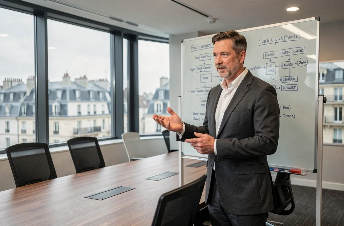 Consultant web de Strategiweb expliquant l'architecture d'un site internet lors d'une réunion