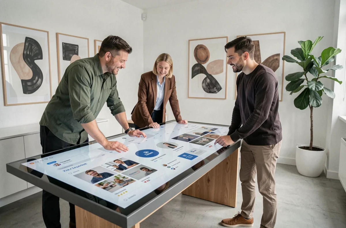 Équipe de Studio Meta collaborant sur une stratégie de contenu social media autour d'une table tactile dans un studio épuré