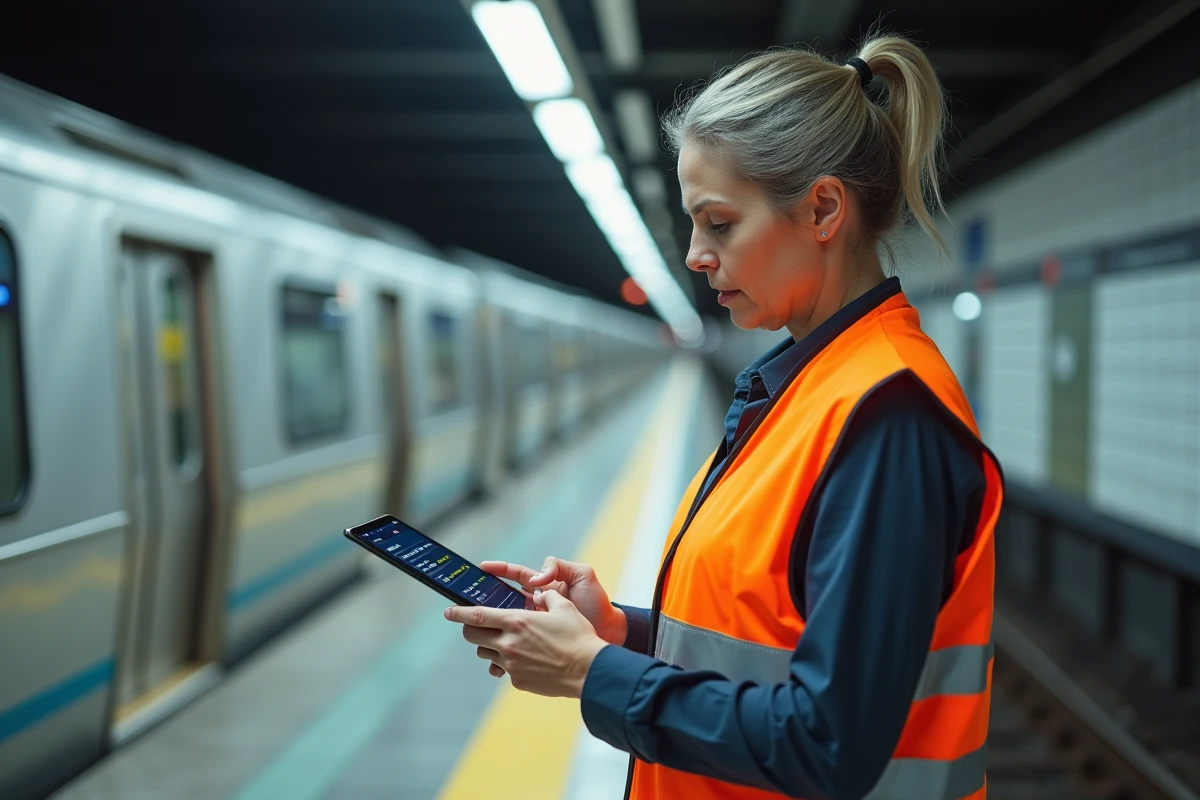 Superviseure RATP consultant l'application Urban Group sur tablette depuis un quai de métro