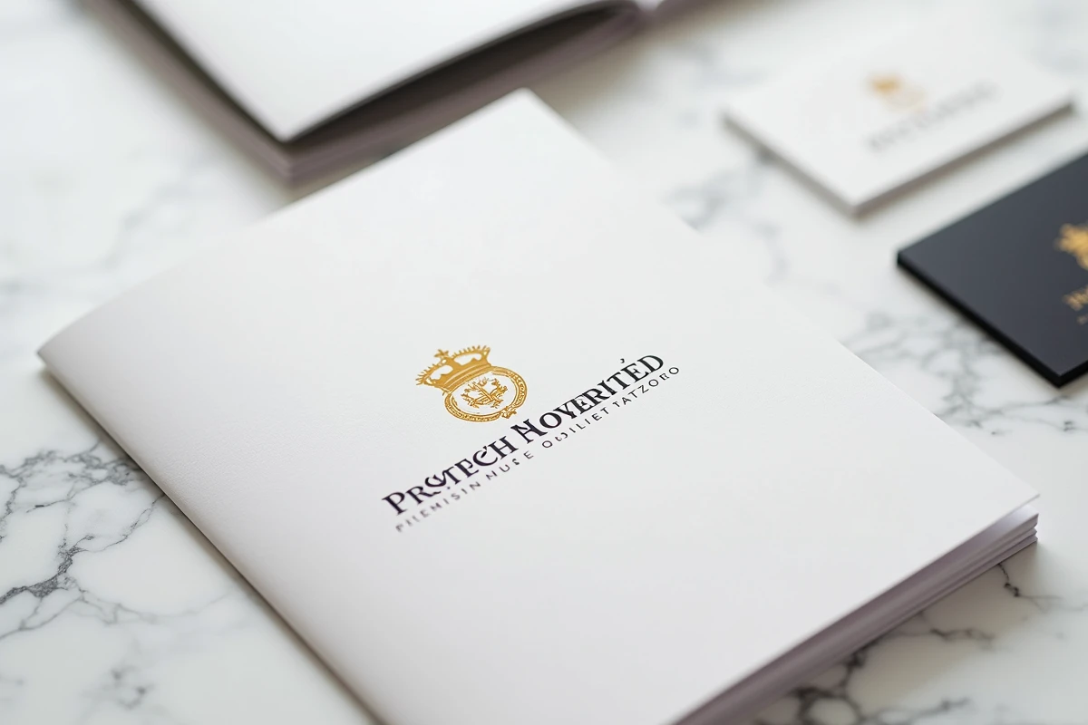 Supports de communication d'un notaire avec le logo officiel imprimé sur brochure, enveloppe et carte de visite sur marbre blanc