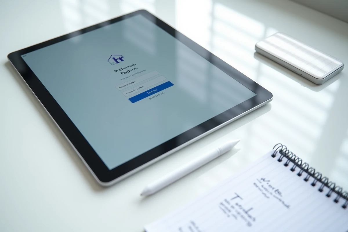 Tablette affichant une interface de connexion RH posée sur un bureau minimaliste avec stylet et bloc-notes