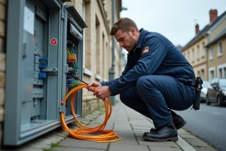 Technicien fibre optique examinant des câbles dans un boîtier de distribution en rue avant une installation