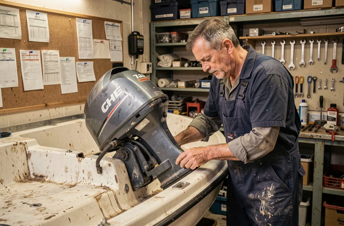 Technicien en mécanique marine réparant un moteur hors-bord dans un atelier professionnel spécialisé dans l'entretien de bateaux