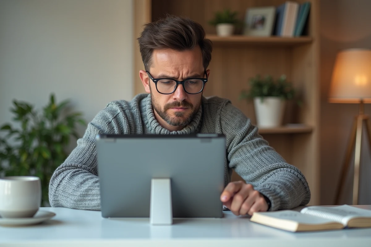 Homme en télétravail accédant à Ma Box RH La Poste sur tablette depuis son bureau à domicile
