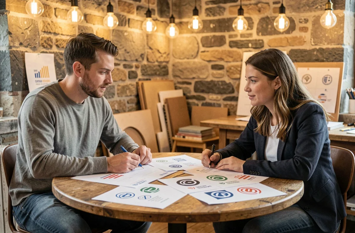 Équipe créative de l'agence Tiz examinant des maquettes d'identité visuelle dans un studio alsacien au style authentique