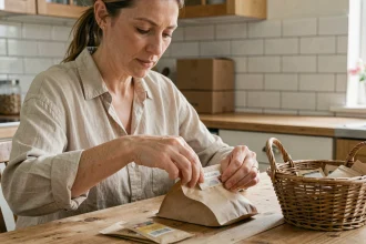 Femme travaillant à domicile en emballant des échantillons de produits cosmétiques sur une table en bois dans sa cuisine