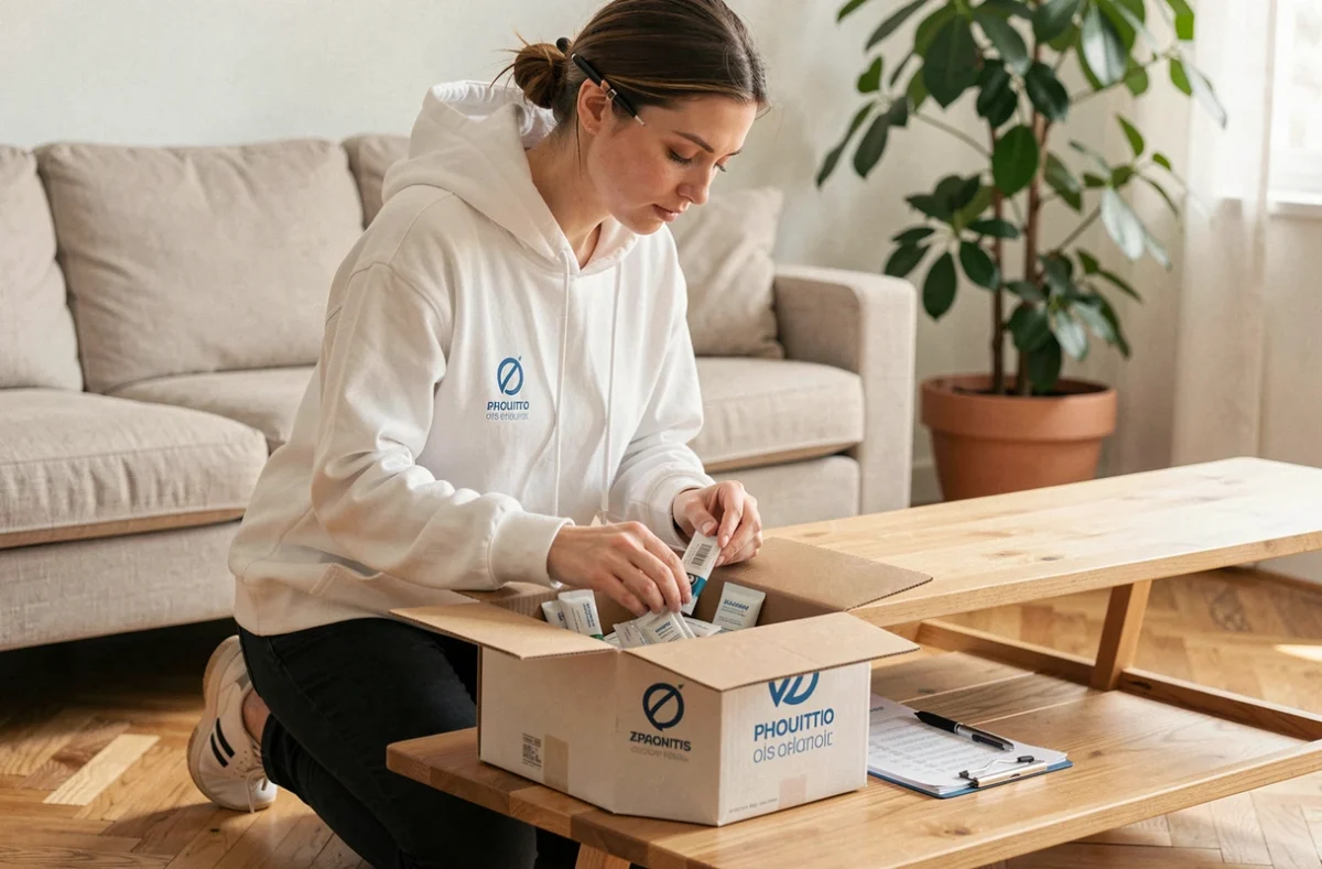 Jeune femme emballant des échantillons de produits dans son salon dans le cadre d'un travail à domicile rémunéré