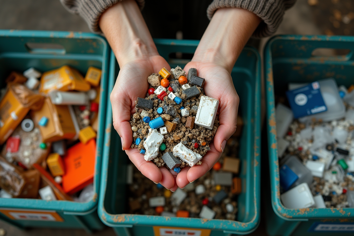 Mains triant des matériaux recyclés colorés dans des bacs étiquetés
