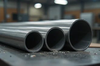 Tubes inox de différents diamètres avec finitions brossée, polie et brute côte à côte sur un établi industriel