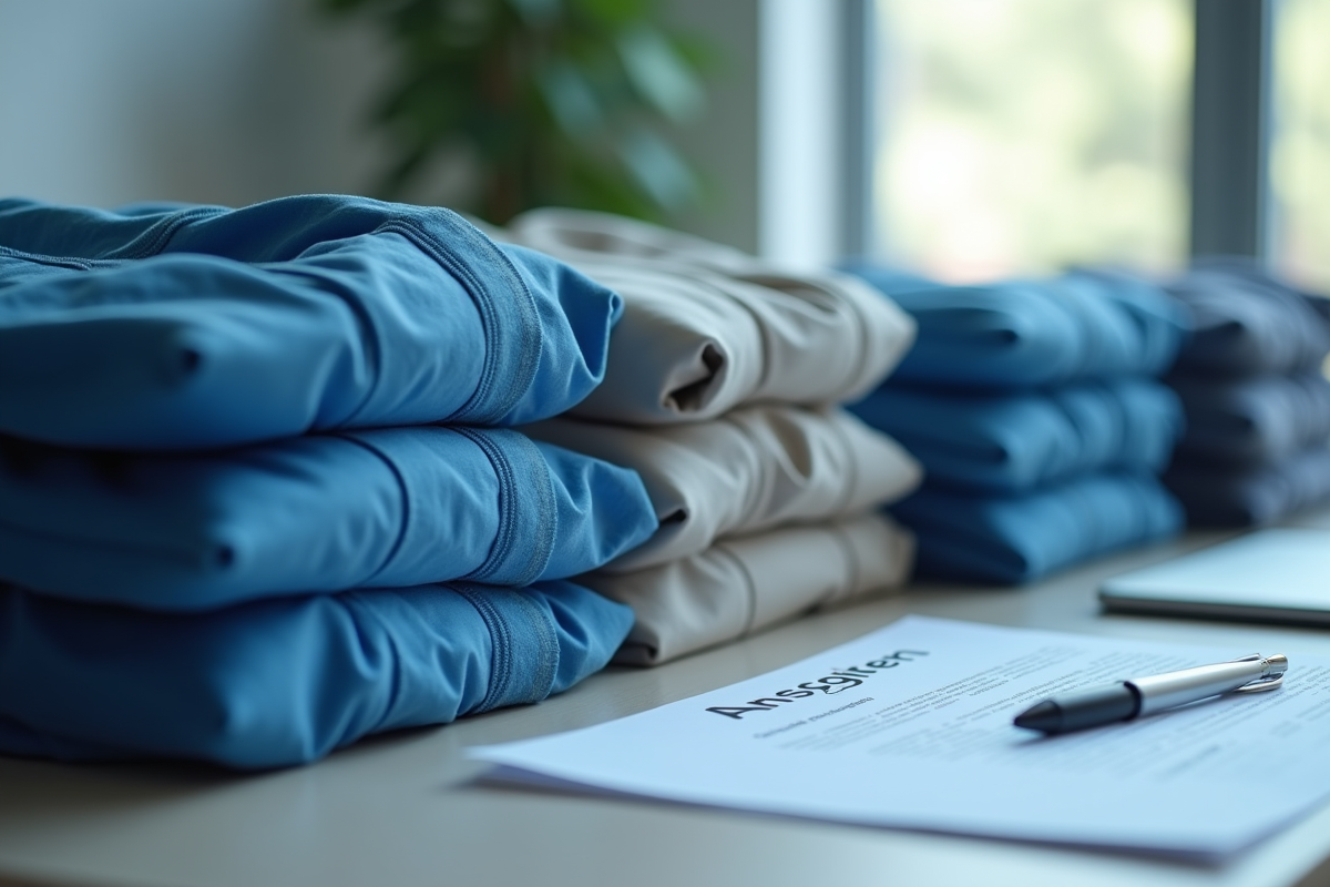 Uniformes de protection pliés sur une table de bureau avec formulaires