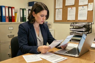 Enseignante vérifiant ses fiches de paie et son bulletin de salaire sur un bureau administratif scolaire