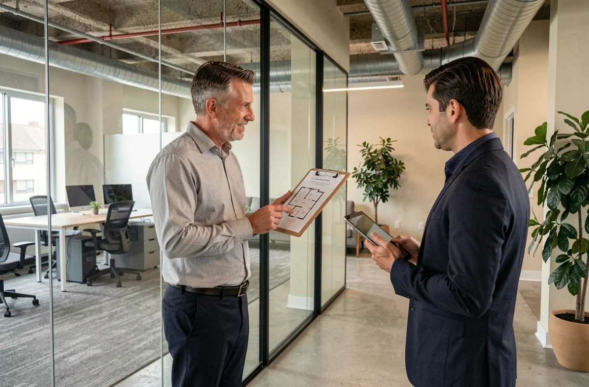 Homme visitant un bureau à louer à Argenteuil avec un agent immobilier tenant un plan d'espace