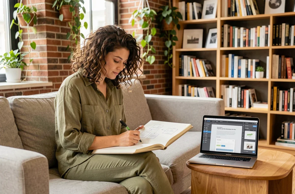 Designer UX de l'agence Wagaia créant des wireframes de site internet dans un espace de coworking
