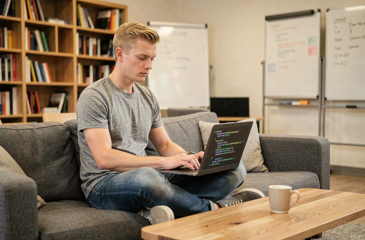 Développeur de Webcodeur codant en JavaScript dans un espace de coworking alsacien décontracté
