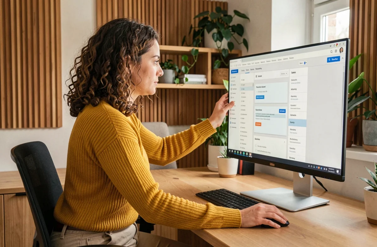 Chef de projet web de wiwacom gérant le développement d'un site CMS depuis son bureau réglable dans un espace de travail chaleureux