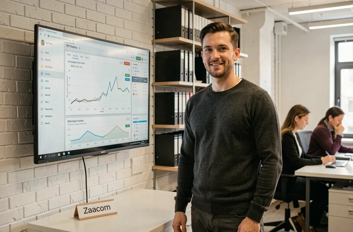 Chef de projet SEO de l'agence Zaacom présentant un tableau de bord de classement en temps réel dans un bureau moderne aux murs en brique blanche